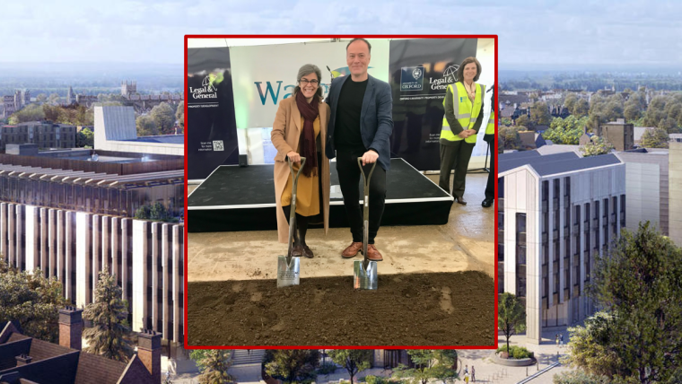 Photo of Kia and Ben Sheldon holding shovels at ground breaking ceremony for the Life and Mind Building. Aerial view of proposed building is in the background.