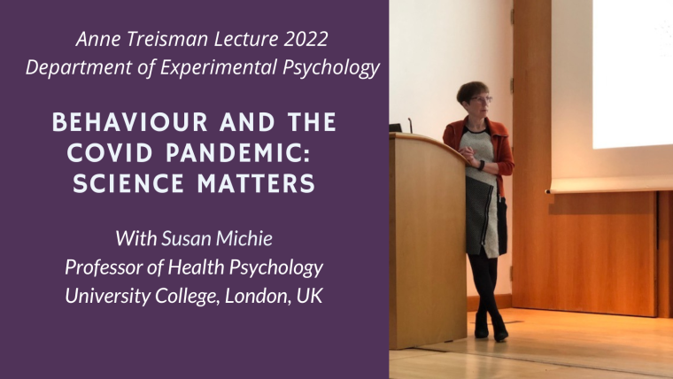 Image showing Susan Michie leaning against the podium, and the lecture details are written alongside