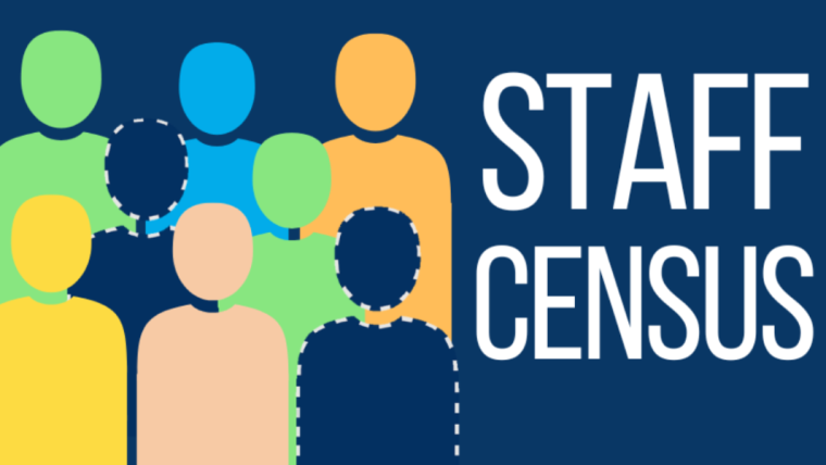 Blue image with graphic showing 6 colourful people and text "Staff Census"