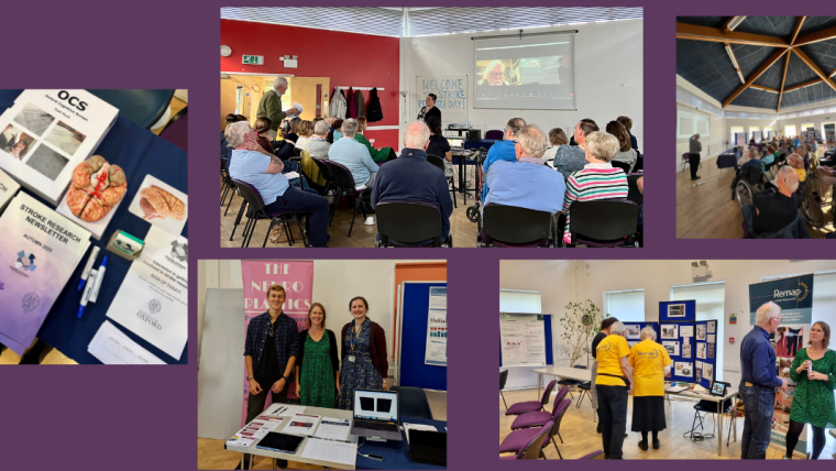 Photo collage from the event. Five photos showing speakers, audience members, display materials