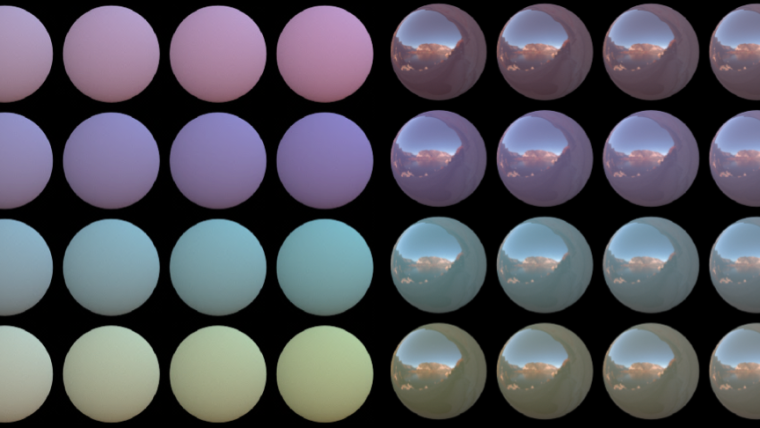 Examples of experimental stimuli rendered under environmental illumination by computer-graphics software. From both edges to the center, the saturation of surface increases. Each row shows different hue directions.