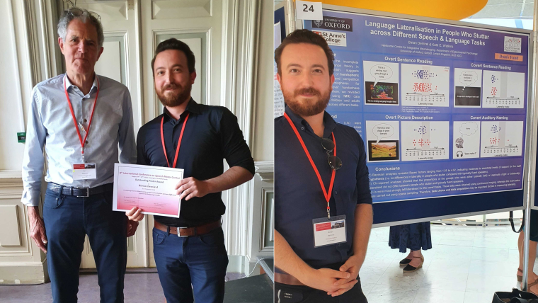 Birtan receiving his outstanding poster award and standing by the poster.